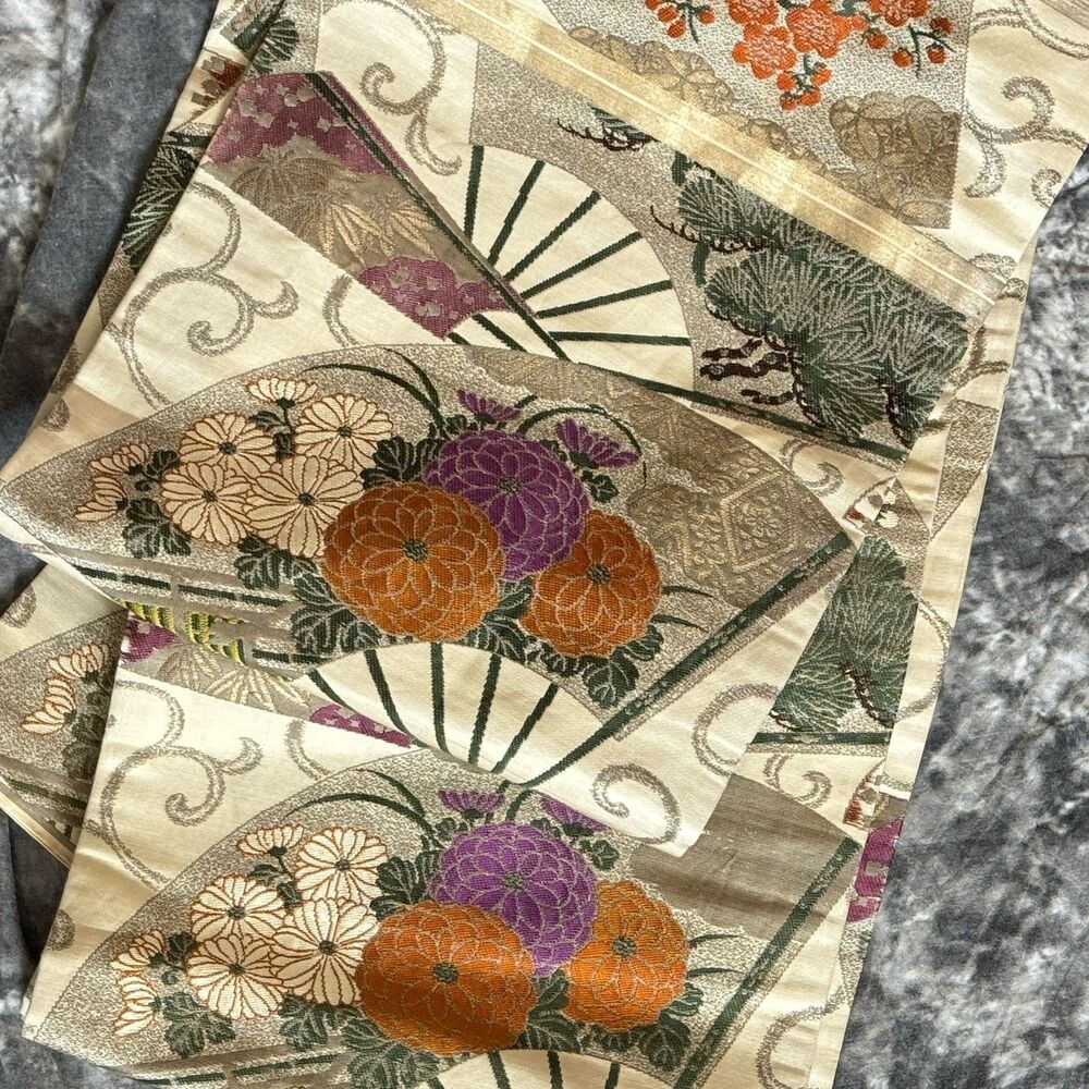 Vintage Nishiki Silk Obi Floral Embroider 120 Inches Green Cream Ships Frm USA